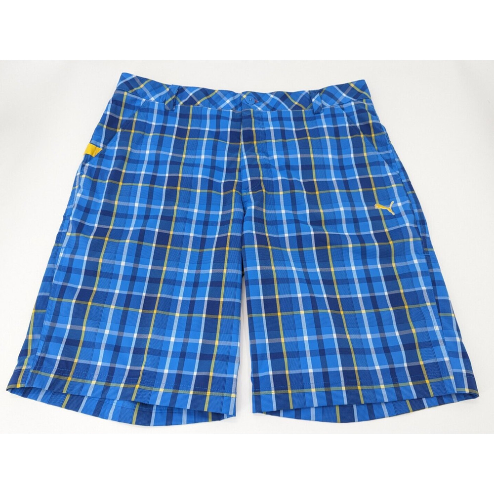 Puma Shorts Mens Blue & Yellow Plaid Chino Golf Performance Cell Shorts Size 36